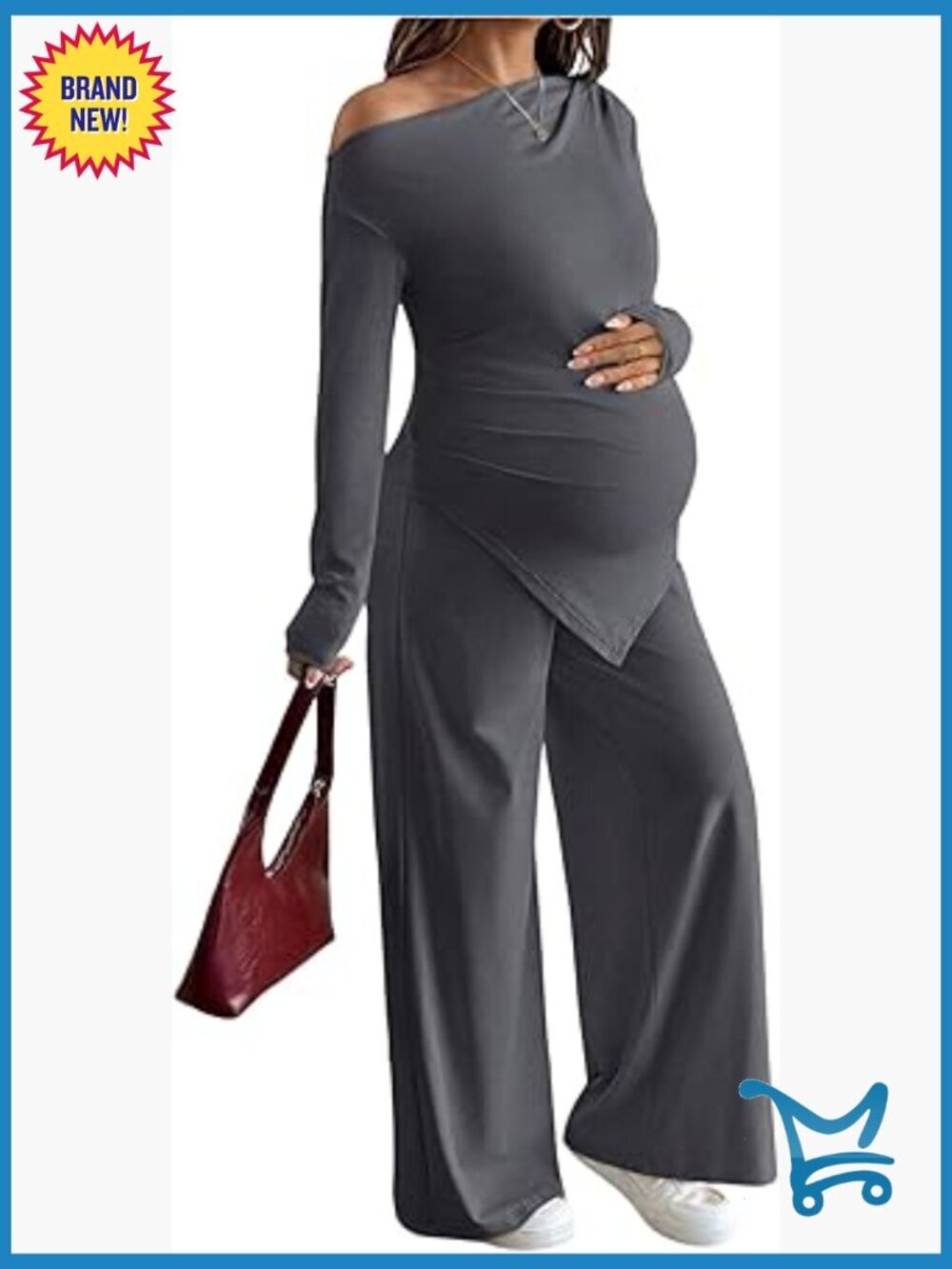 Maternity 2 Piece Outfit Asymmetrical Top and Pants Matching Set Grey